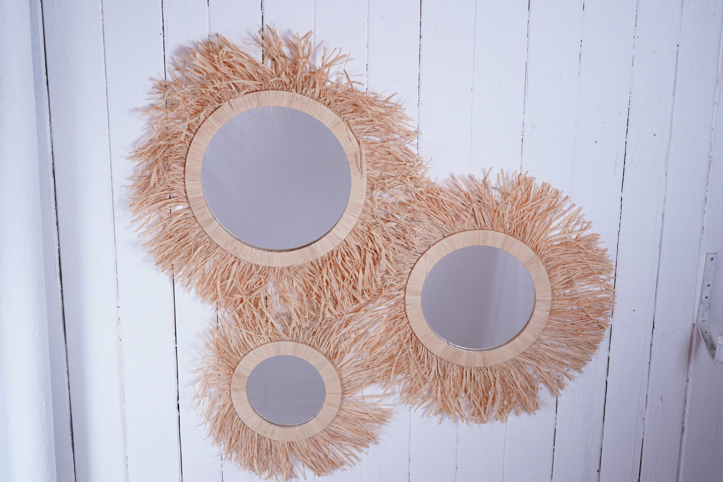 Marokkanischer Boho Wandspiegel handgefertigt aus Raffia