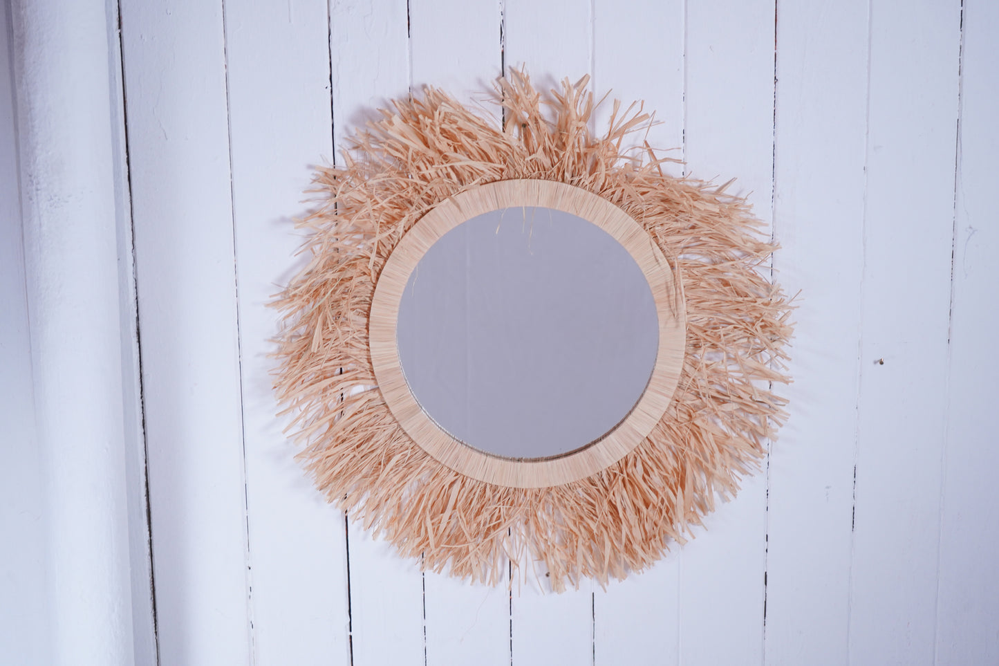 Marokkanischer Boho Wandspiegel handgefertigt aus Raffia
