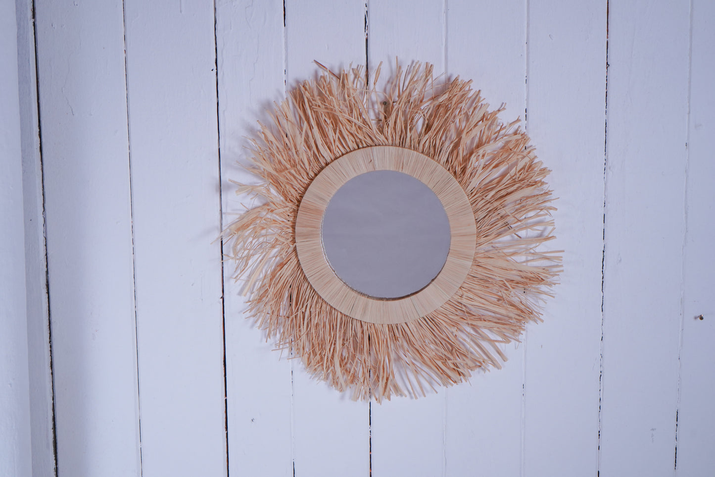 Marokkanischer Boho Wandspiegel handgefertigt aus Raffia