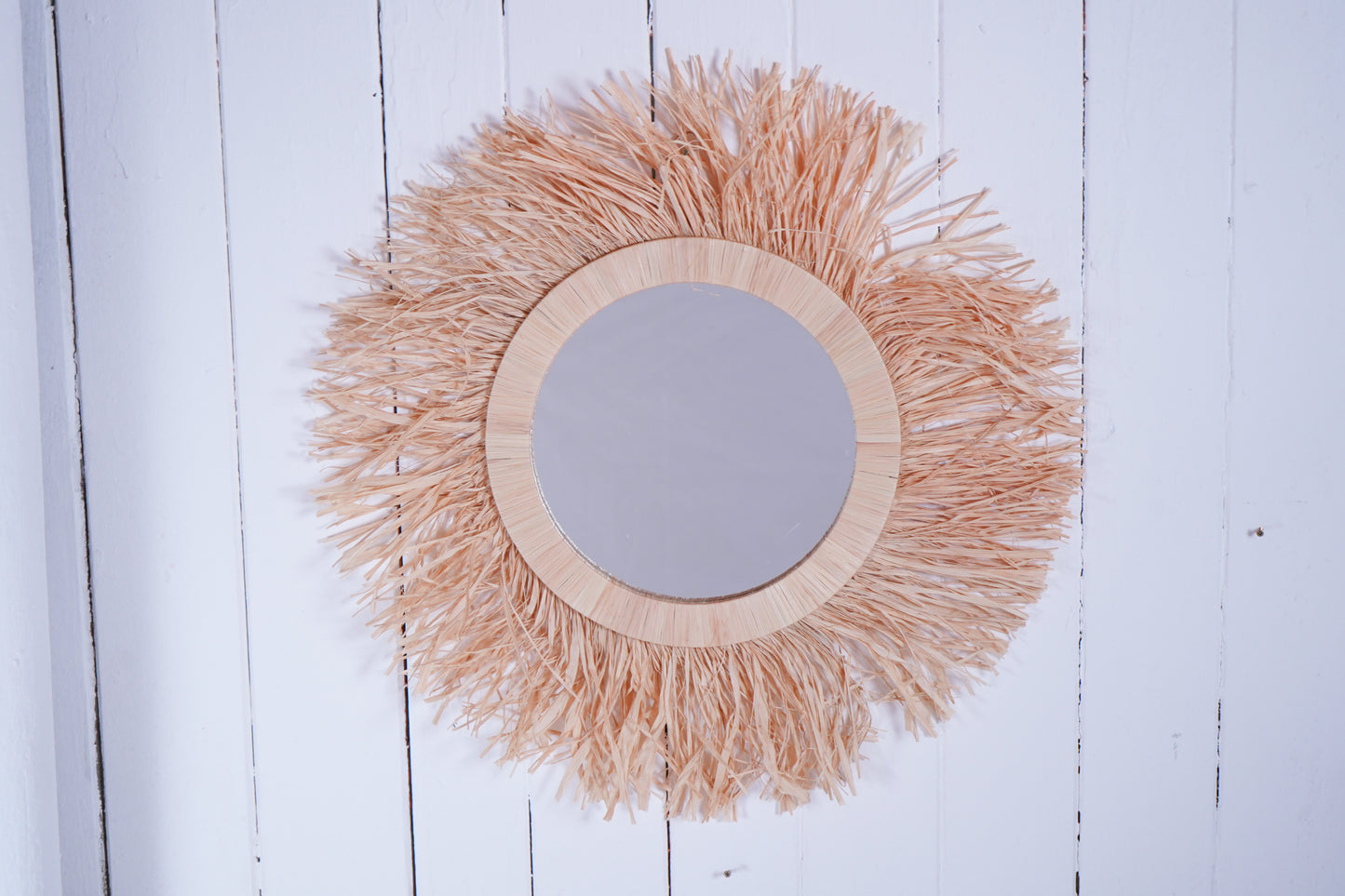 Marokkanischer Boho Wandspiegel handgefertigt aus Raffia