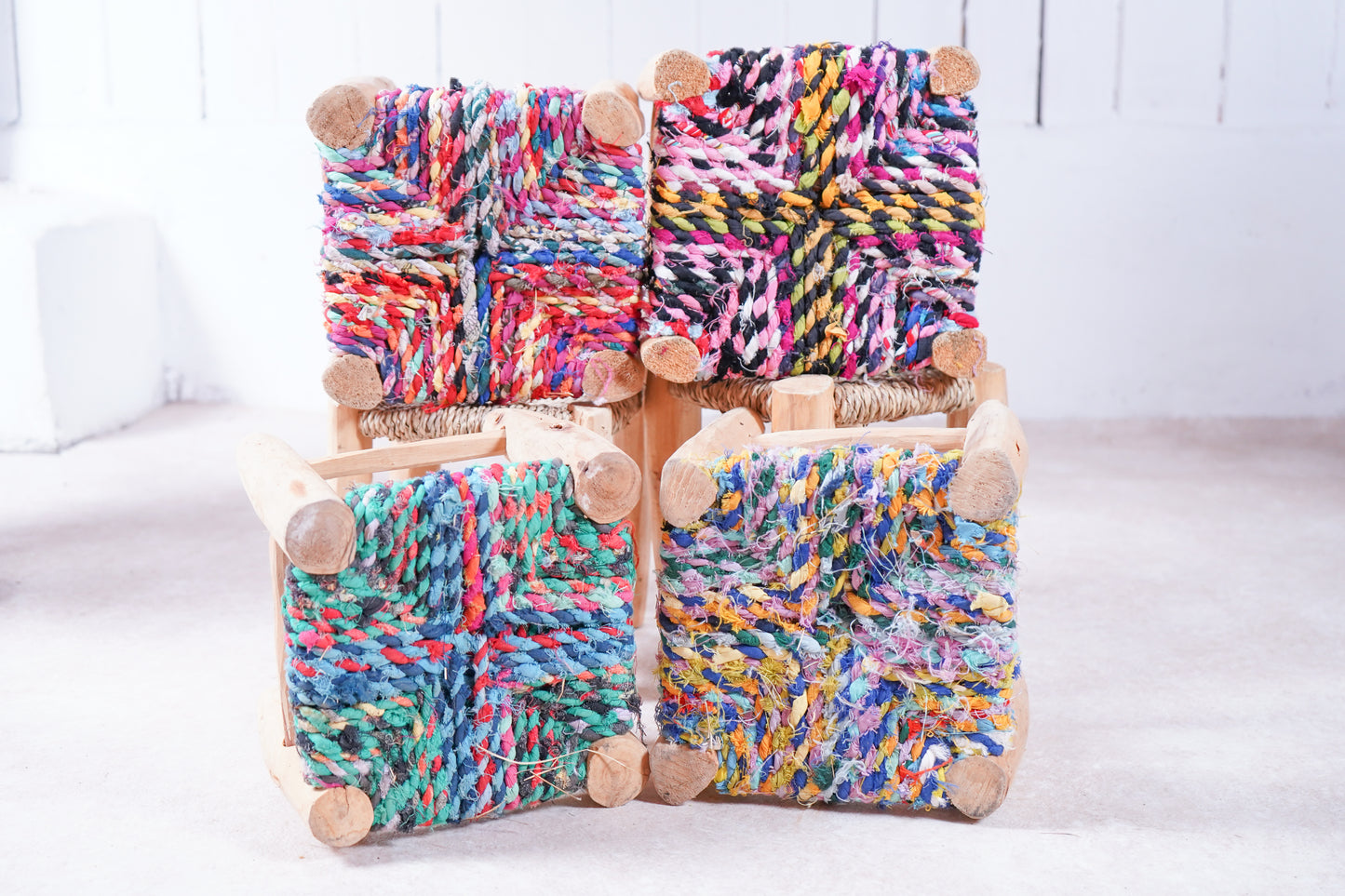 Marokkanischer Naturhocker – Klein, Handgefertigt aus Stoff & Holz (23cm x 20cm)